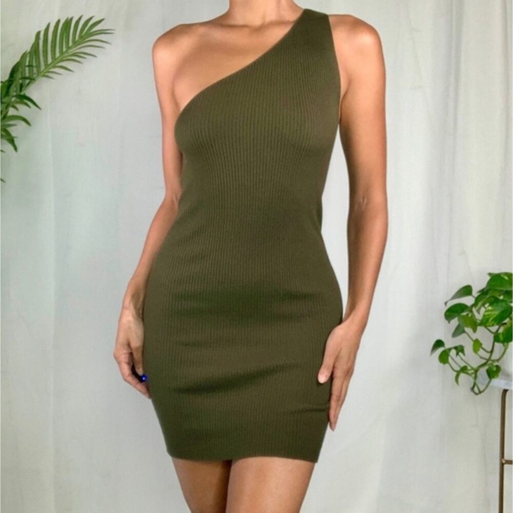 Zara Olive Green Ribbed Stretchy Knit One Shoulder Bodycon Mini Dress Small